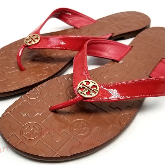 Tory Burch Red Patent Thora Thong Flats Sadals - Picture 3 of 7